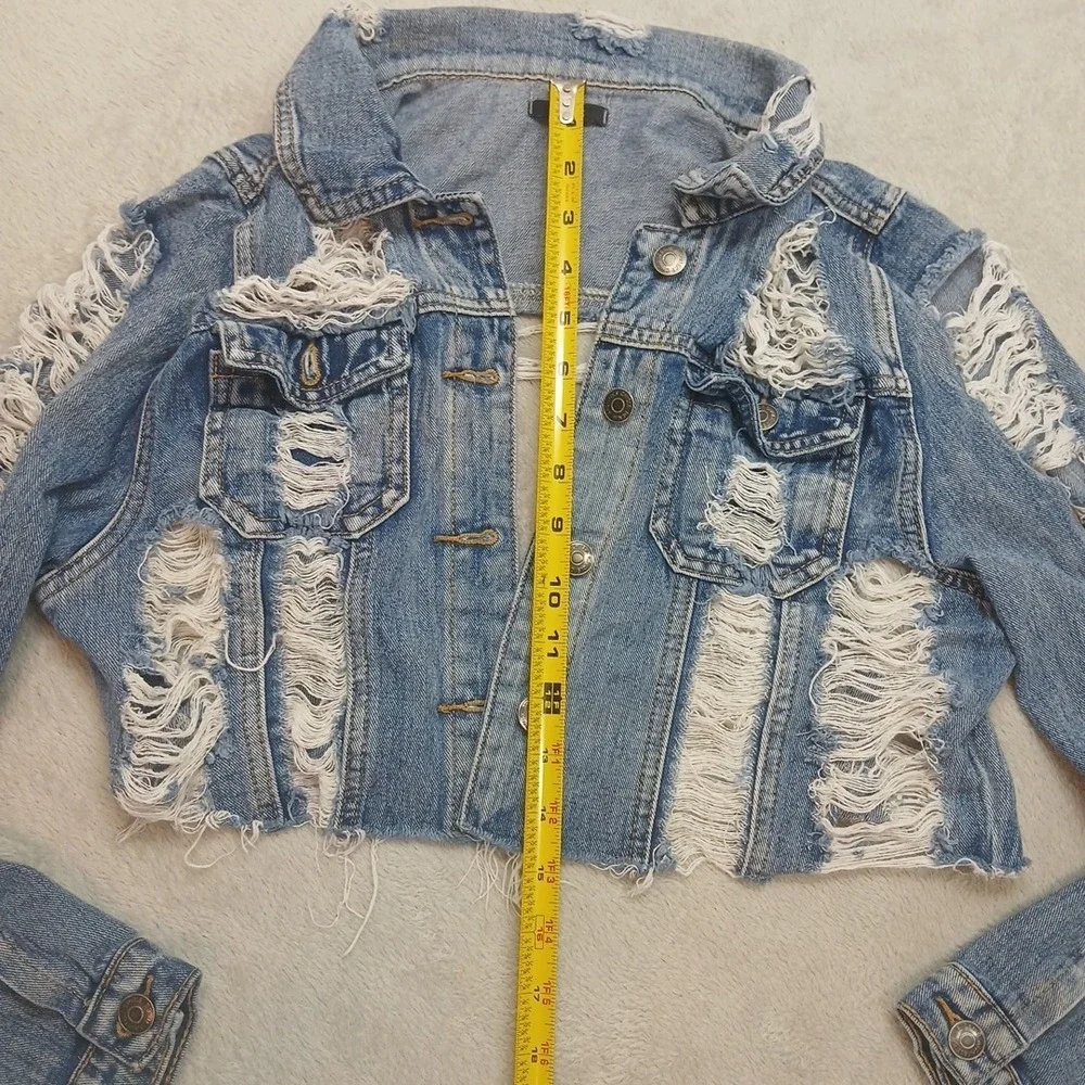 ChiQle Extreme Ripped Cropped  Denim Jacket Women's Size Large Preppy Concert.